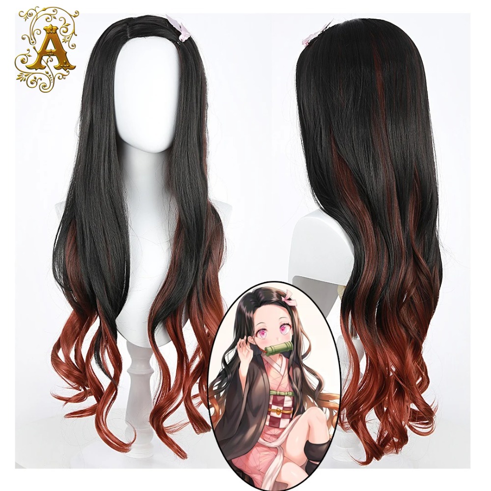 Anime Cosplay Nezuko - 블랙 다크 레드 그라데이션 컬러 곱슬머리