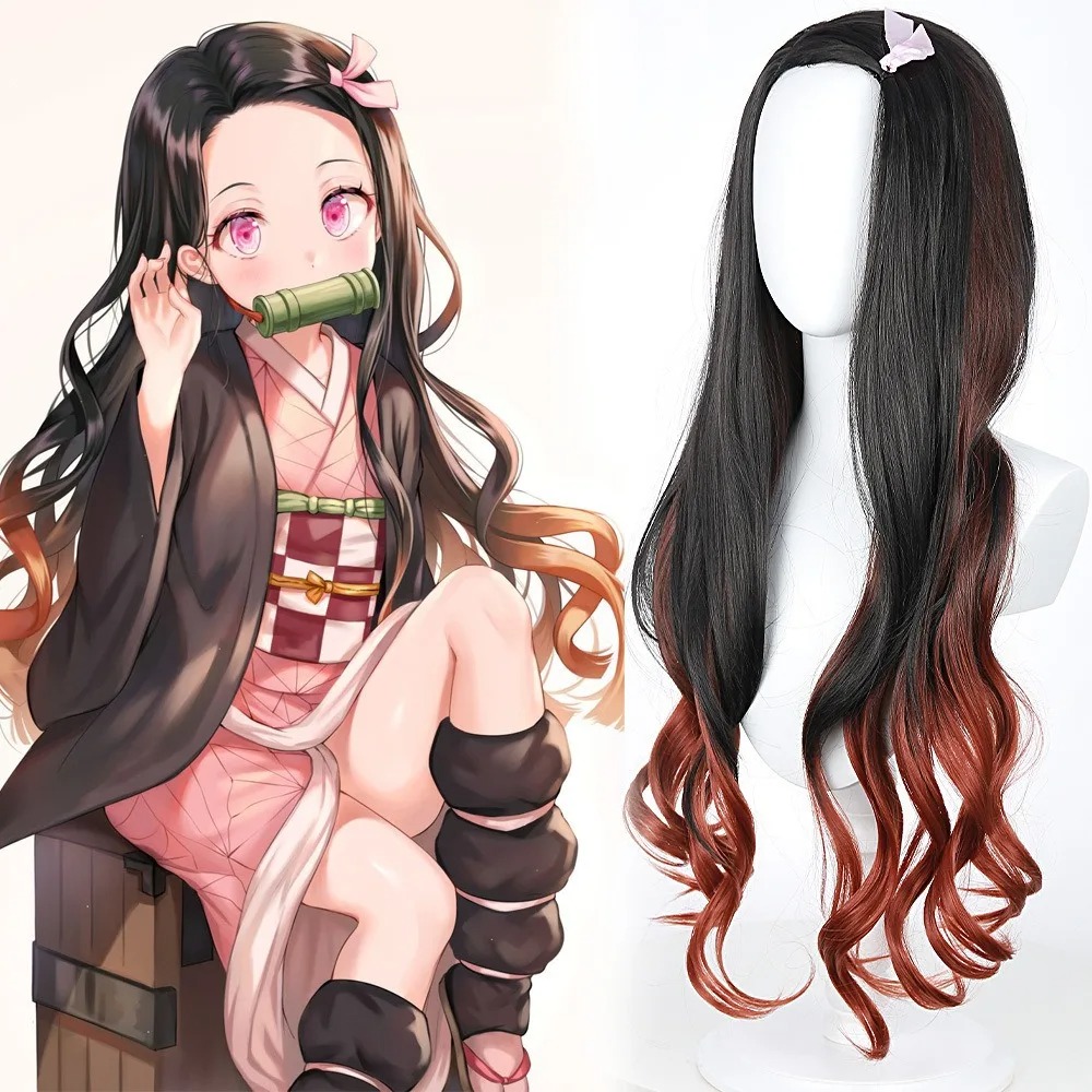블랙 다크 레드 그라데이션 컬러 곱슬머리 긴머리 네즈코 - Anime Cosplay Nezuko 리뷰 및 가격