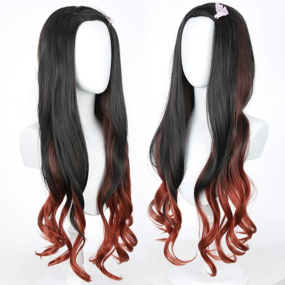 블랙 다크 레드 그라데이션 컬러 곱슬머리 긴머리 네즈코 - Anime Cosplay Nezuko 리뷰 및 가격
